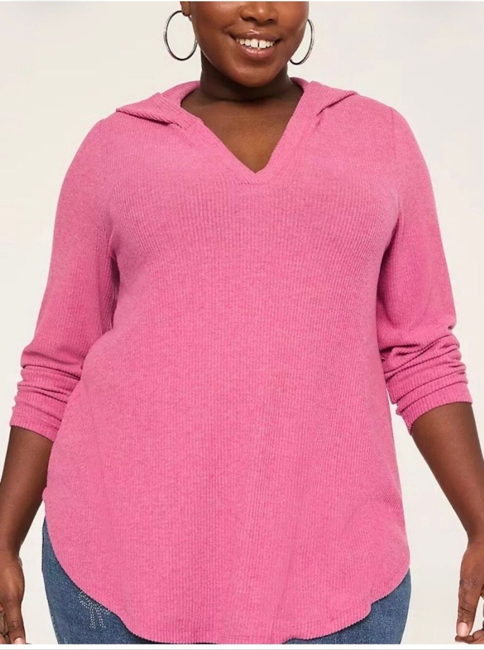 LANE BRYANT Cherry Pink Ribbed Notched Neck Hooded Sweater-18/20 {NWT}